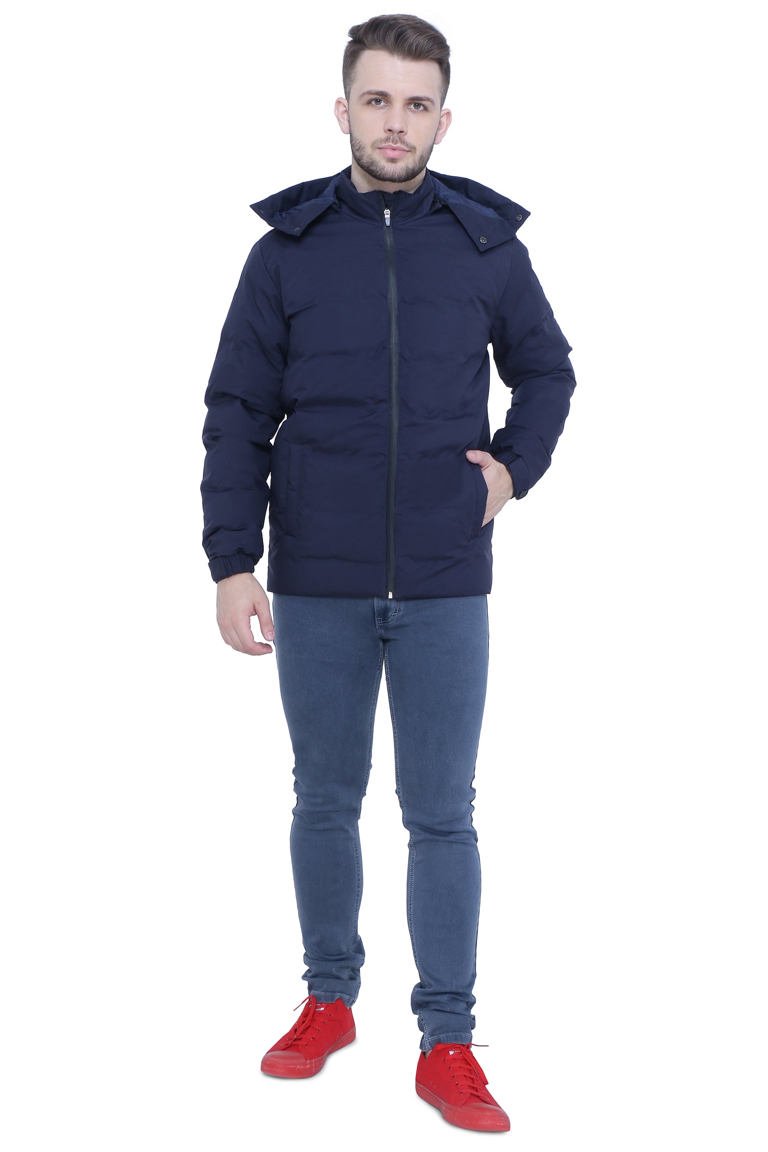 Navy Blue High Neck Detachable Hood